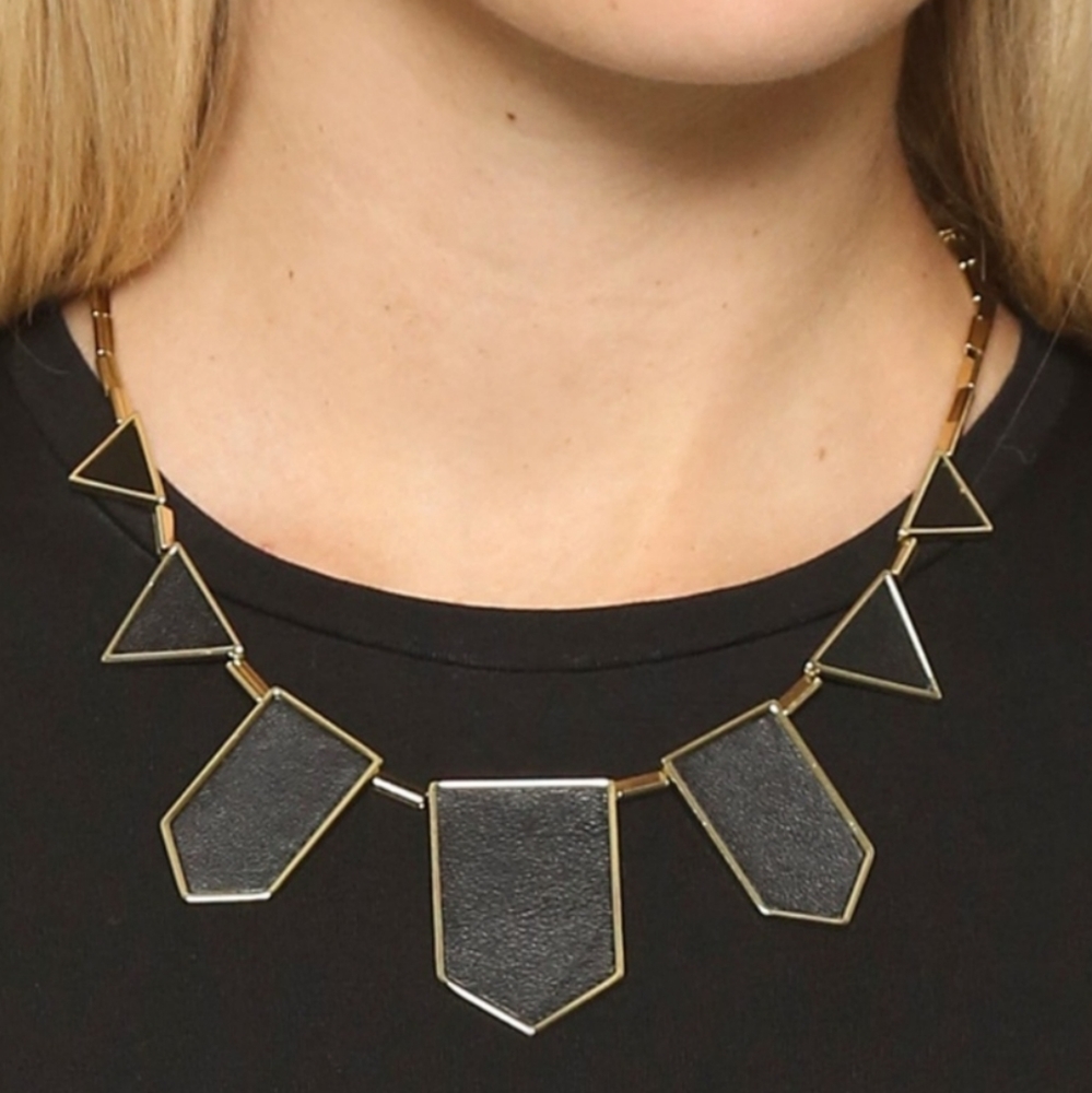 HOUSE OF HARLOW 1969 Black Leather Geo Metric Necklace